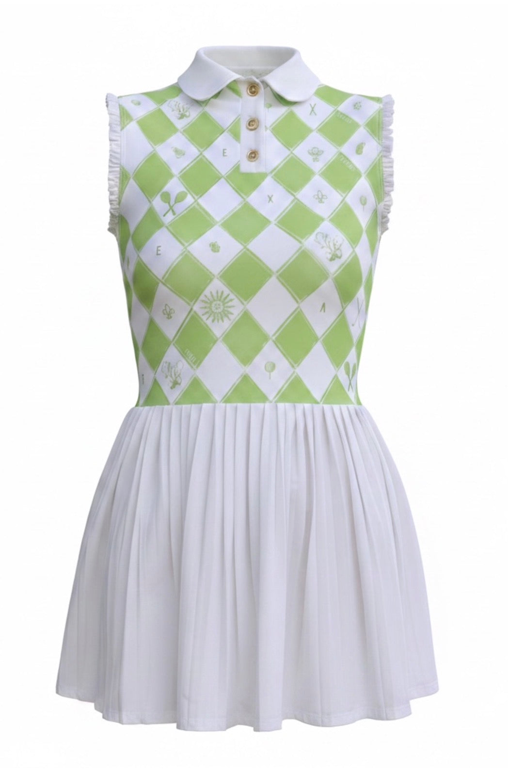 Green and white checkered tennis dress by EXEAT with a collar on a white background