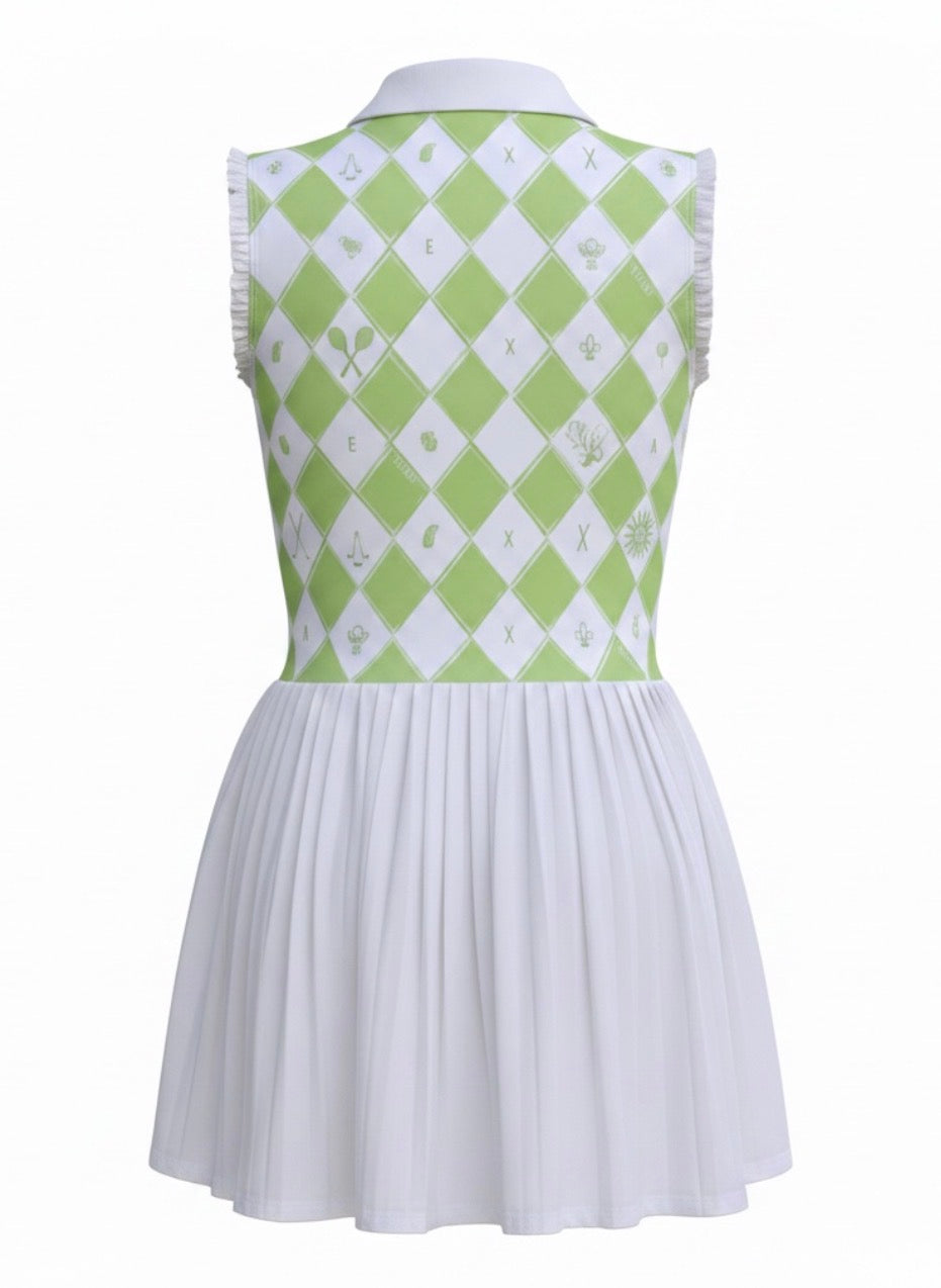 Green and white checkered dress by british luxury tennis brand EXEAT with a white collar on a white background