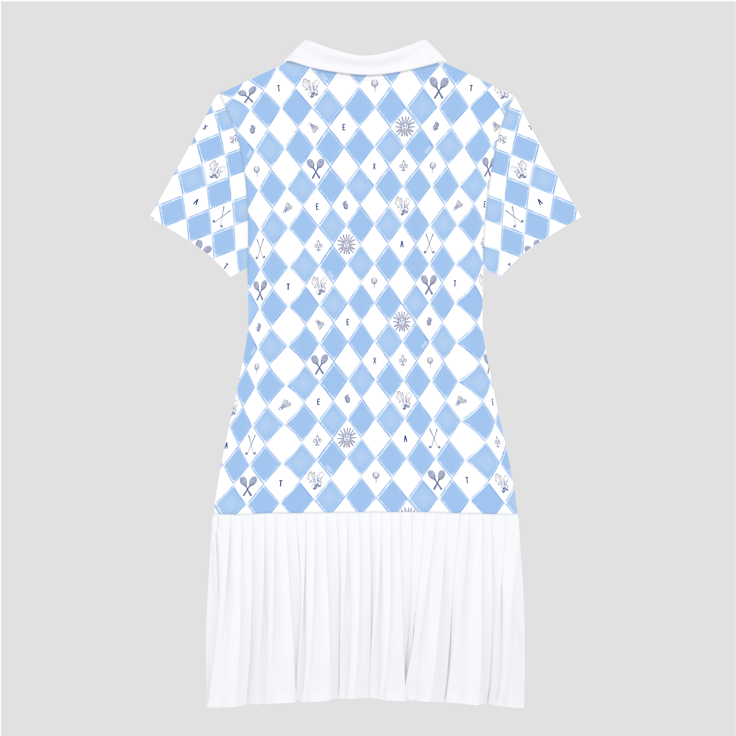 A blue and white tennis dress with a diamond argyle pattern on grey background.