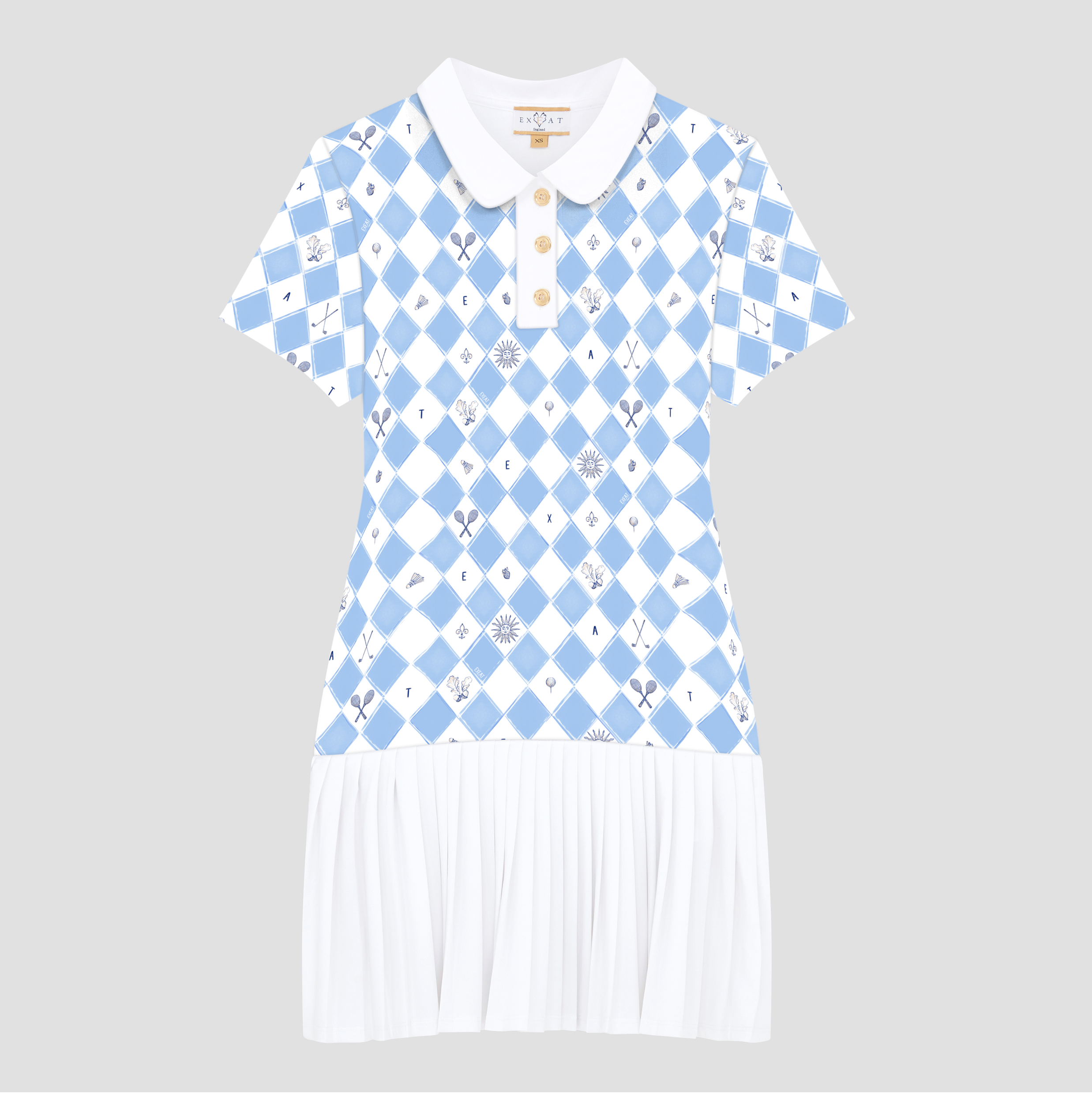 A blue and white tennis dress with a diamond argyle pattern and a Peter Pan collar  with gold buttons on grey background.